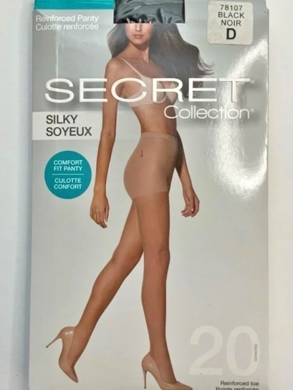 SECRET Comfort Fit Sheer Tights Black Pantyhose Reinforced Toe 20 Denier C D